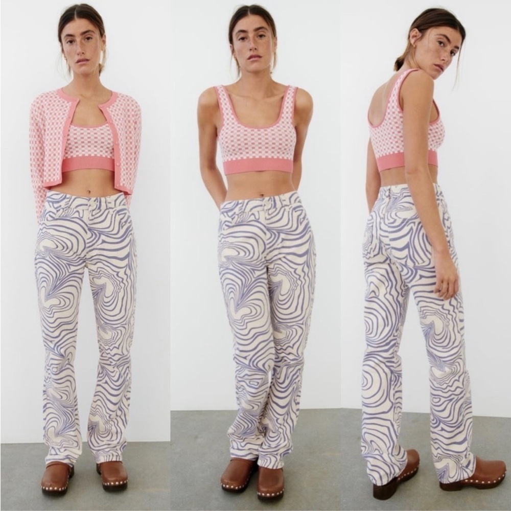 Zara Printed Swirl Straight Leg Jeans High Rise Graphic Pattern Denim Pants Sz 8